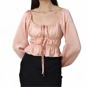 Forever 21 Rose Gold Blouse L, Long Sleeves and Tie Design Scuare Neck